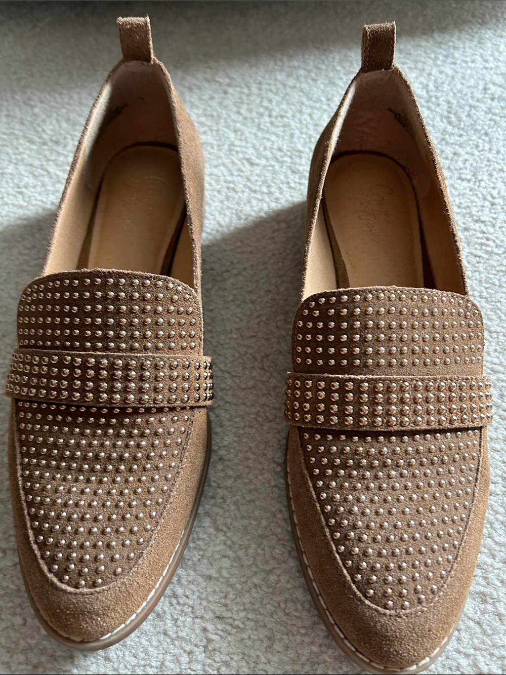 Crown Vintage Tan Suede Studded Loafers - Women